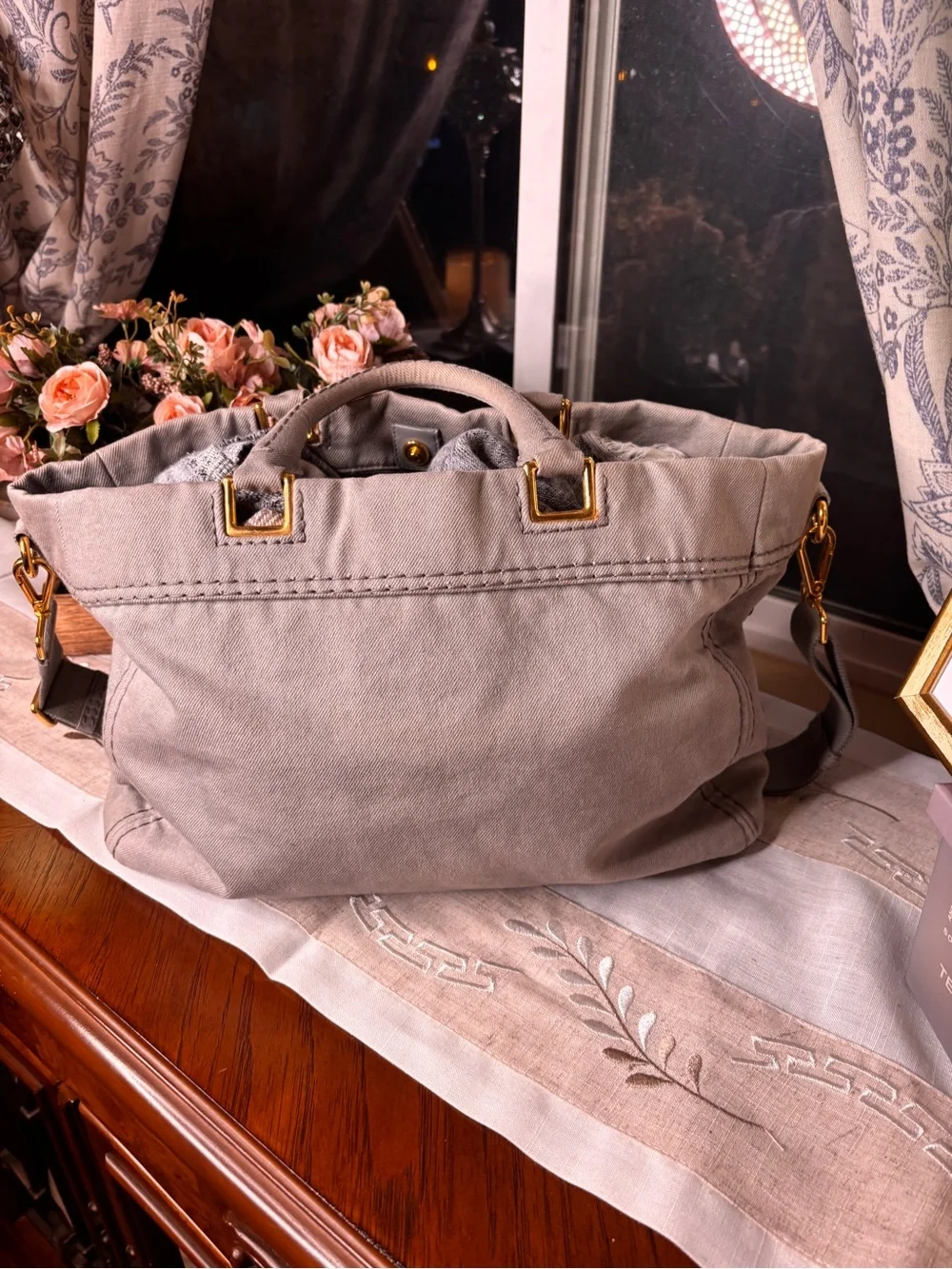PRADA Gray Canapa Canvas Messenger Tote with Gold-Tone Hardware